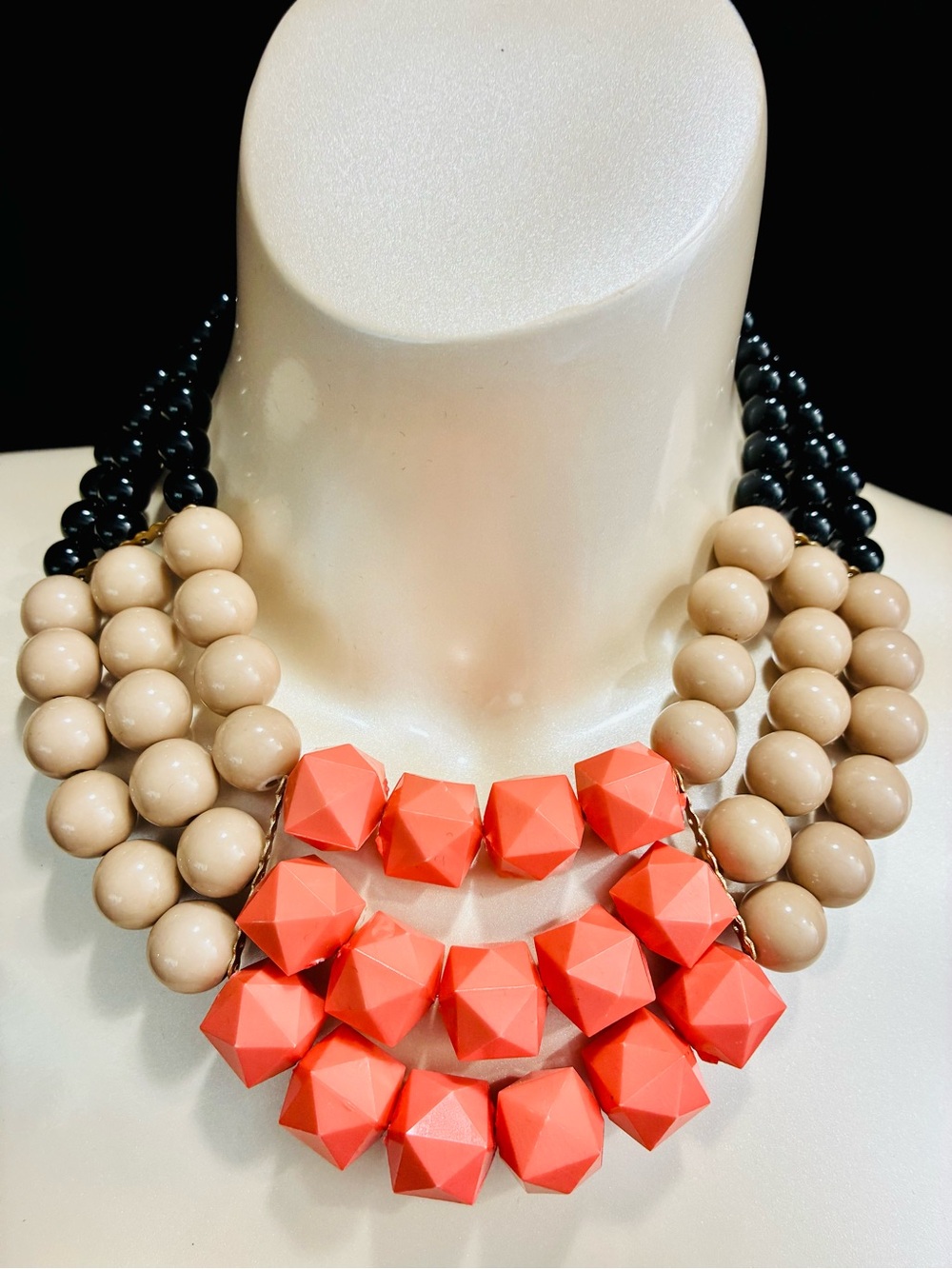 Bold Coral Multi-Strand Geometric Bead Necklace